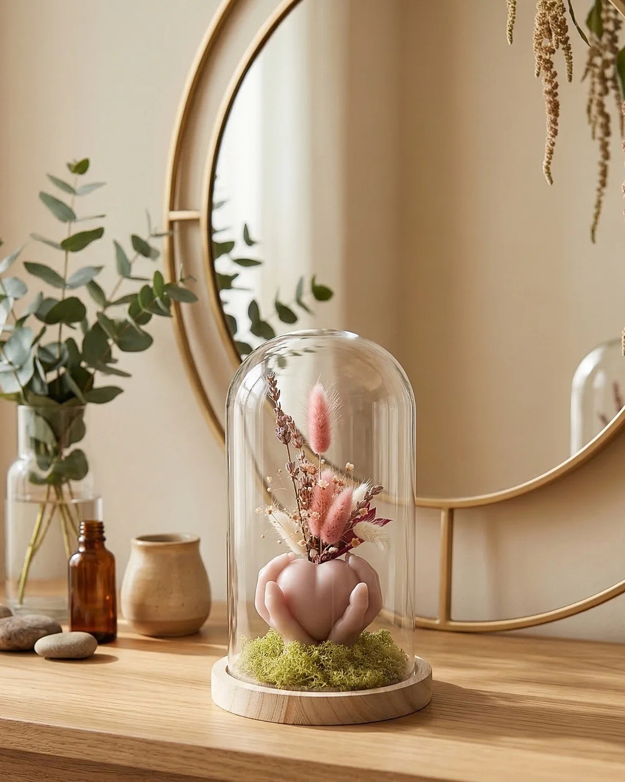 Carinho: composizione di fiori secchi in vaso di cera a forma di cuore con campana di vetro e base di legno su consolle beauty - Io Sono La Luce Roma
