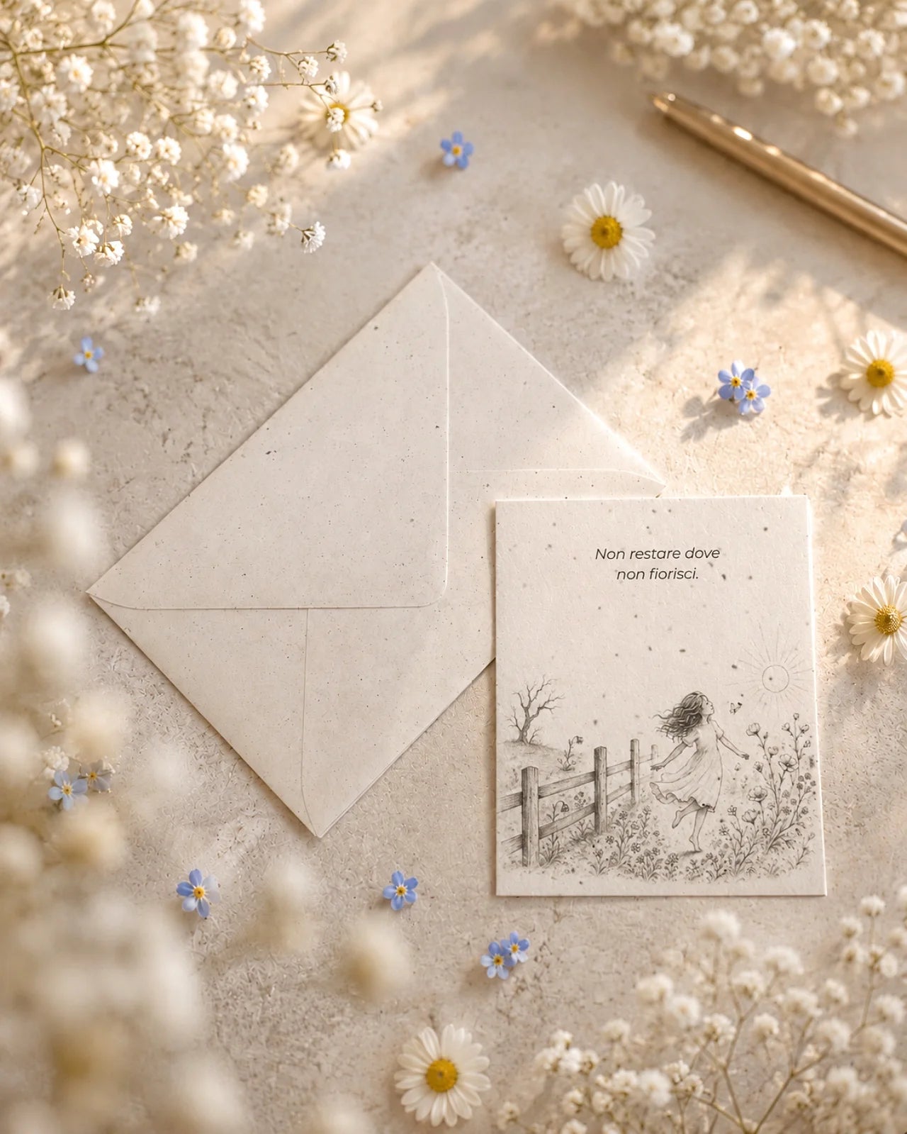 bigliettino auguri con illustrazione disegno poetico bianco e nero su carta artigianale arricchita con semi di fiori di campo ( margherite, papavero e non-ti-scordar-di-me ) con bustina | Per motivazione: non restare dove non fiorisci