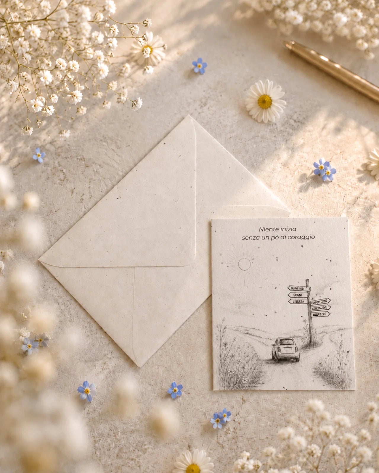 bigliettino auguri con illustrazione disegno poetico bianco e nero su carta artigianale arricchita con semi di fiori di campo ( margherite, papavero e non-ti-scordar-di-me ) con bustina | Per nuovi inizi: niente inizia senza un pò di coraggio
