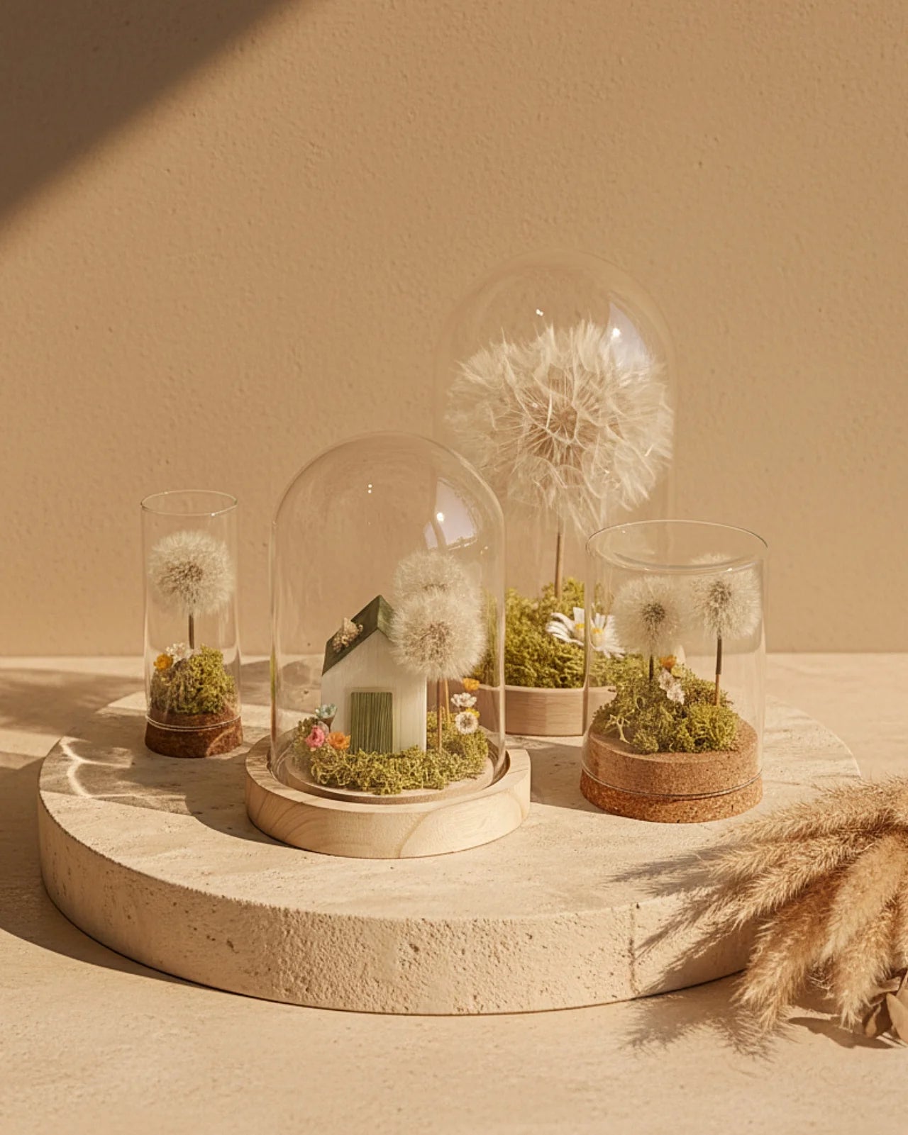 Collezione giardino dei desideri | Terrarium con Soffioni Stabilizzati e Prato Muschio Stabilizzato in Ampolle o Campane di Vetro con Base in Legno e Sughero - Idea regalo unica e poetica