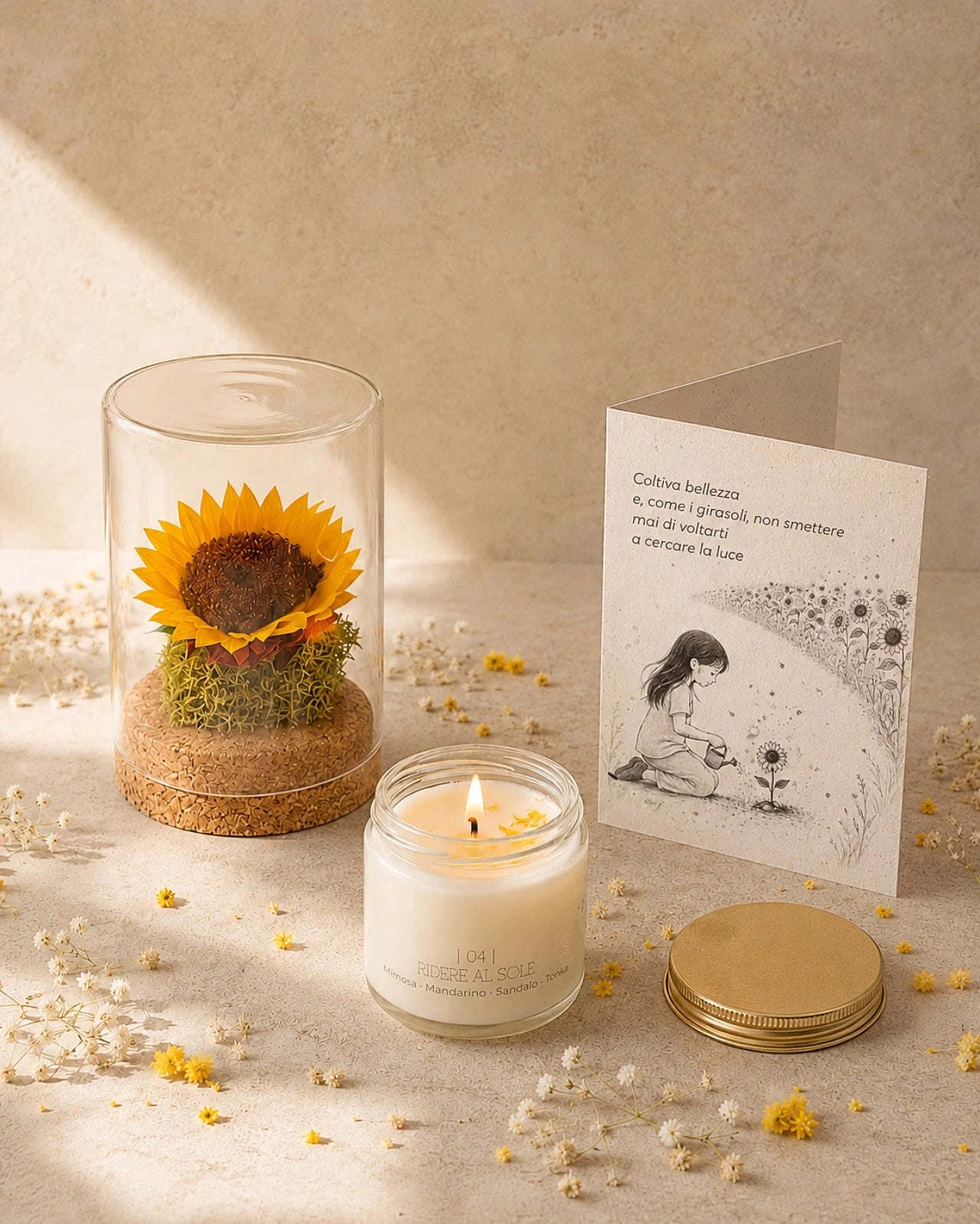 Gift Box La Luce Che Sei con candela Cafunè Ridere al Sole, girasole stabilizzato Soleil in ampolla di vetro e biglietto piantabile Floriensoul | Gift Box per le persone che fanno luce come regalo di compleanno, amicizia o nuovo inizio