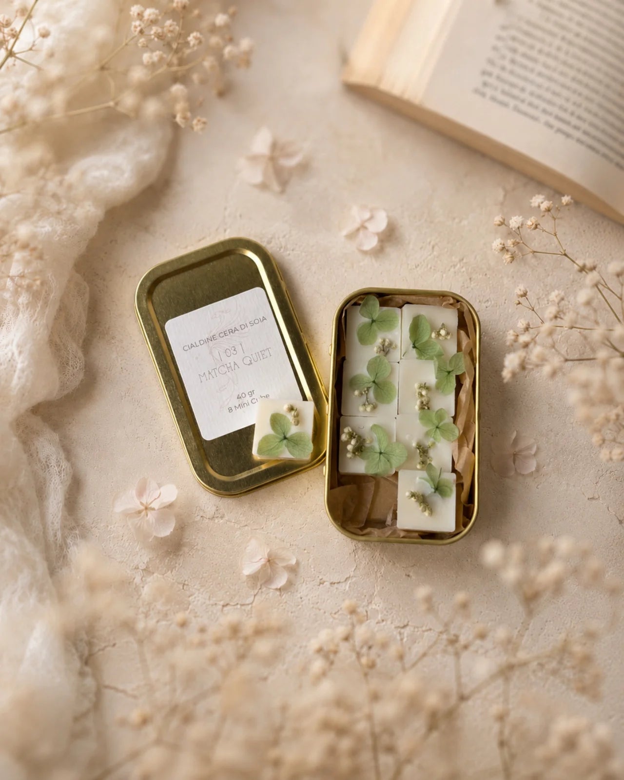 mini cialdine in cera di soia profumata | zollette tart per brucia essenze - artigianali e Made in Italy | Profumo matcha, cocco, frutti di bosco e petali di viola