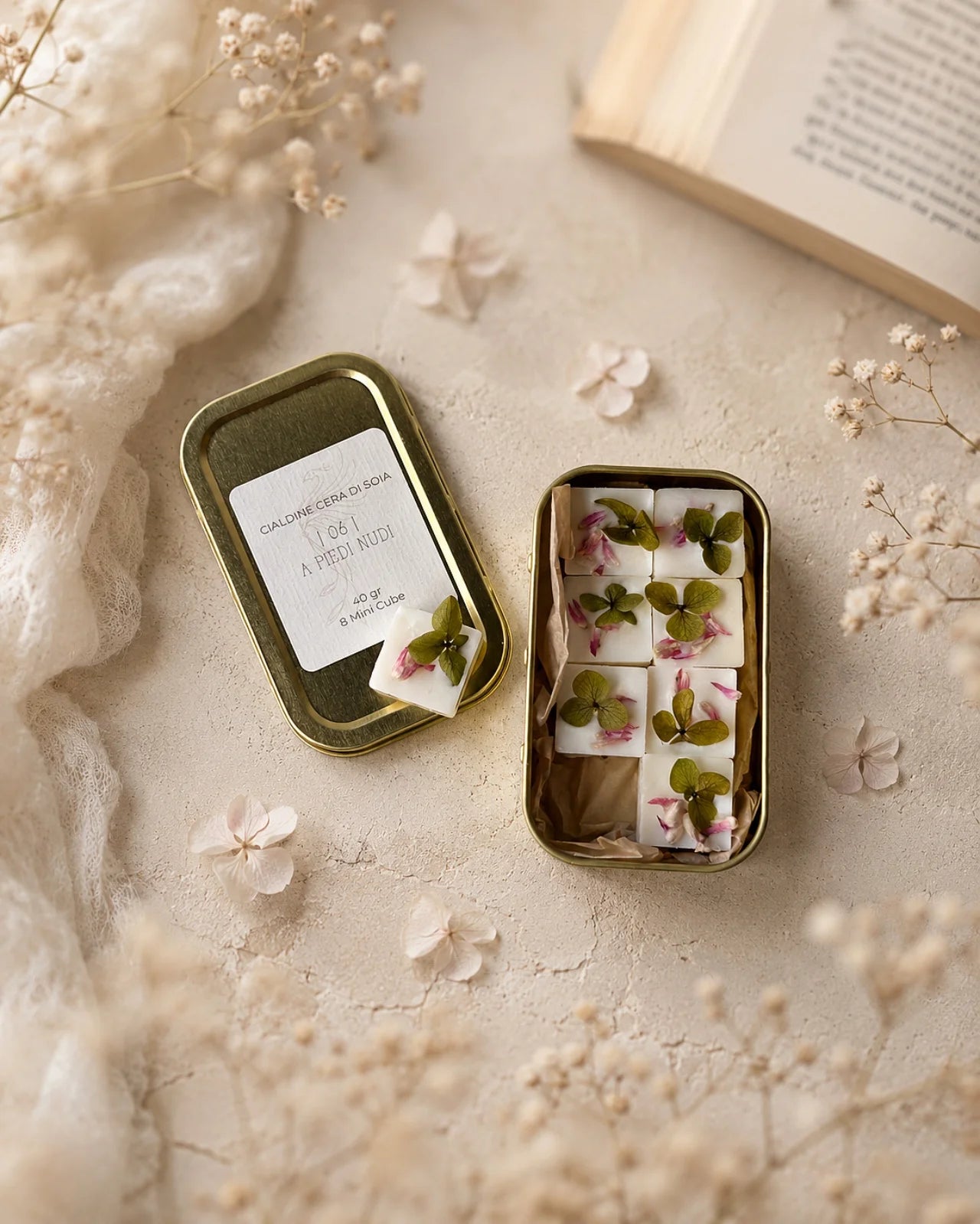 mini cialdine in cera di soia profumata | zollette tart per brucia essenze - artigianali e Made in Italy | Profumo fico, mandorla, pera e legni chiari
