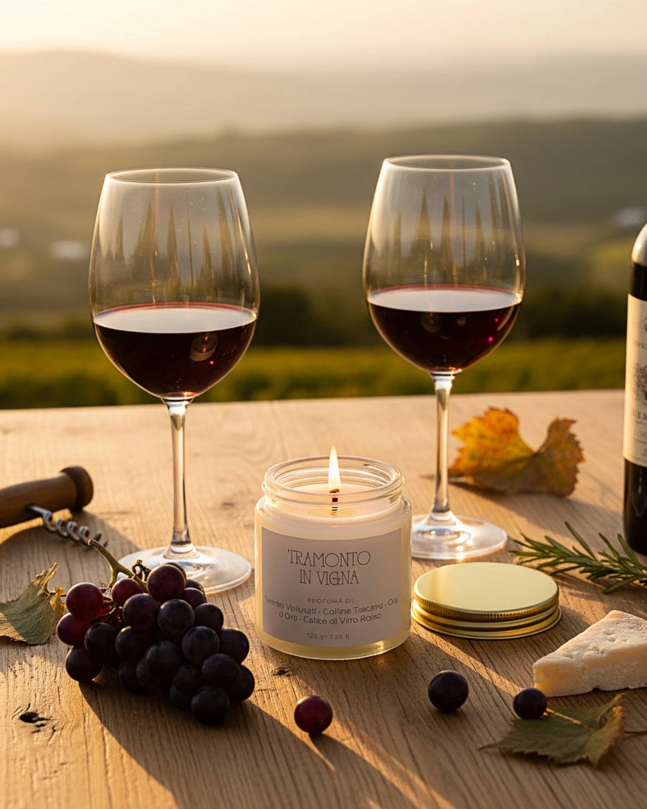 Tramonto in Vigna | Stop al Tempo | candela sensoriale slow living - profumo di vino rosso, campagna toscana e uva
