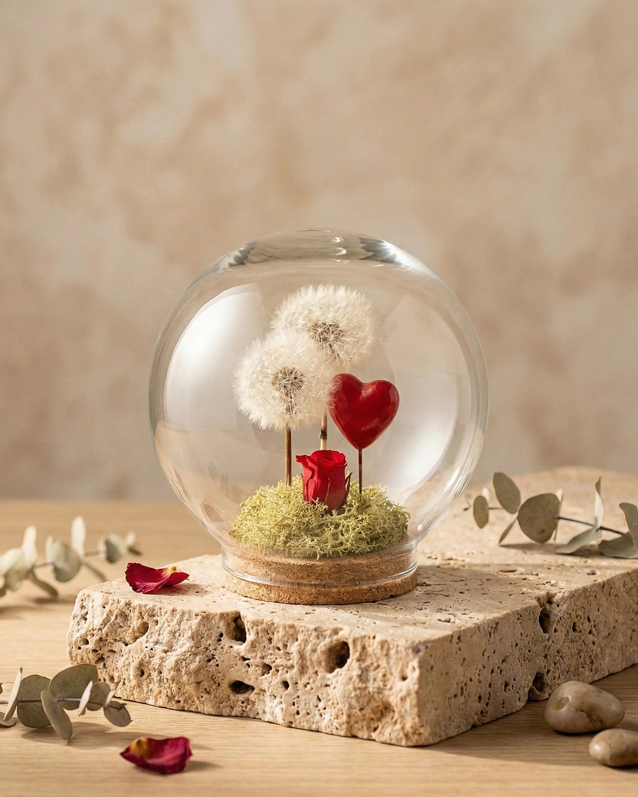 Terrarium vetro soffioni preservati rosa stabilizzata su pietra naturale rami eucalipto - composizione botanica