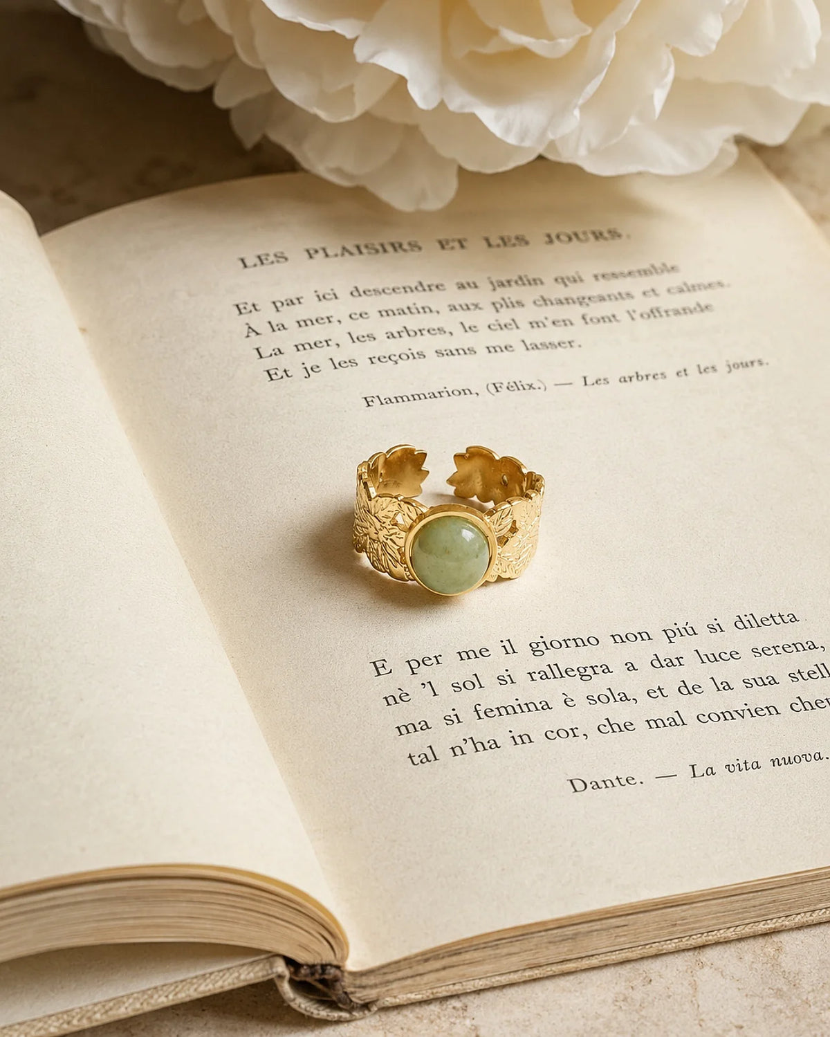 Anello Daphne artigianale made in Paris regolabile con foglie incise e pietra naturale in acciaio inossidabile | Amazzonite | Roma