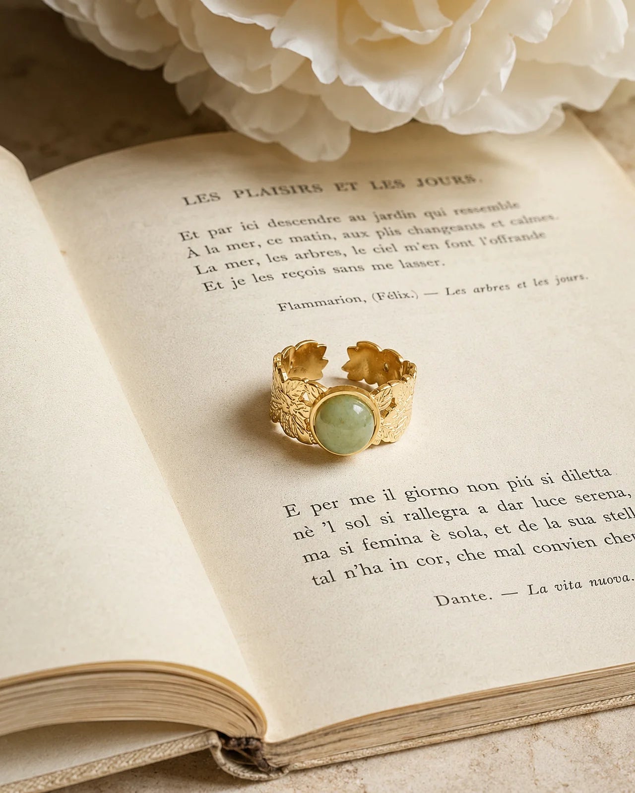 Anello Daphne artigianale made in Paris regolabile con foglie incise e pietra naturale in acciaio inossidabile | Amazzonite | Roma