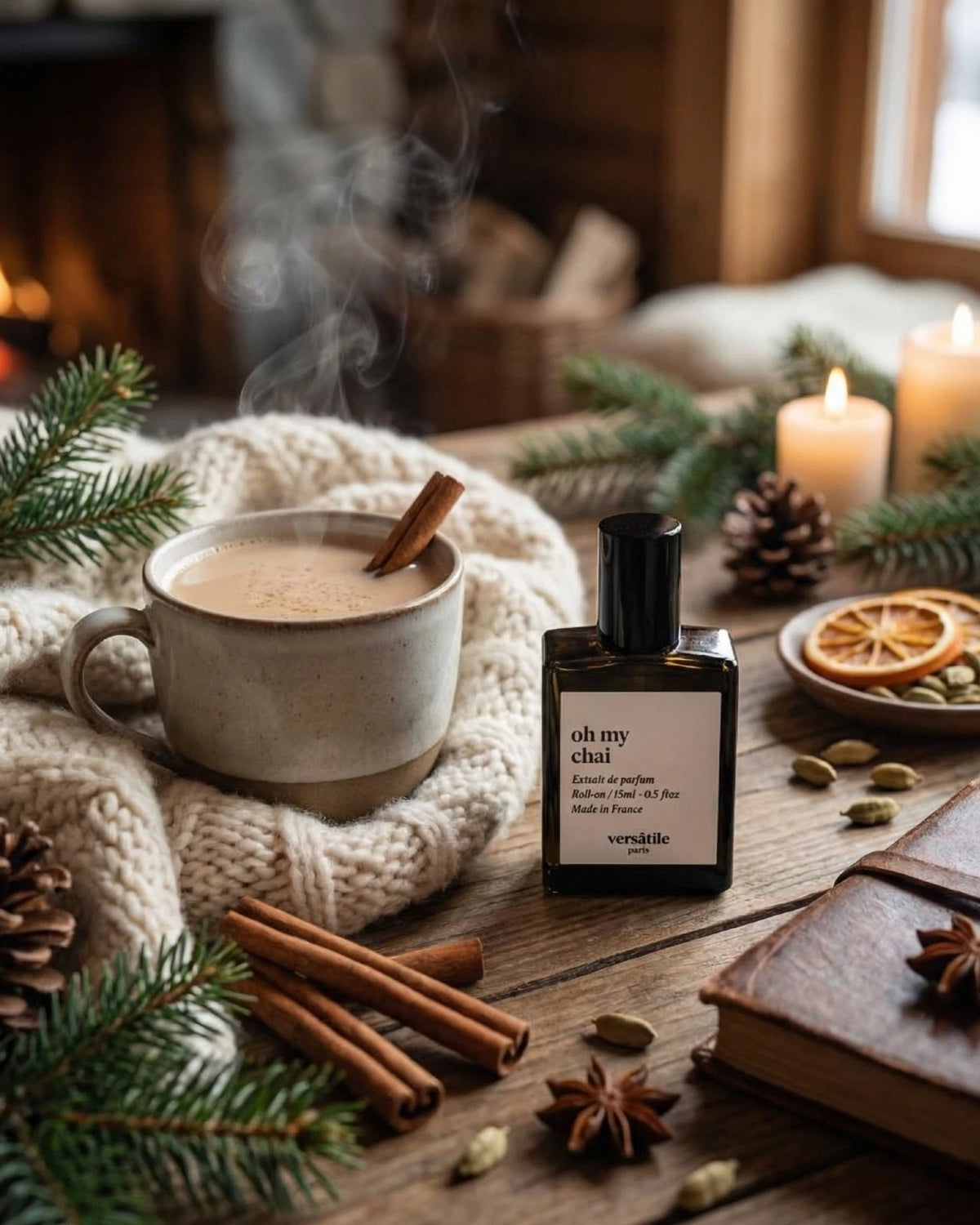 Estratto di profumo roll-on Oh My Chai di Versatile Paris, flacone 15ml speziato fumoso con note di chai, cannella, cardamomo e abete | Rivenditore Ufficiale Versatile Paris a Roma