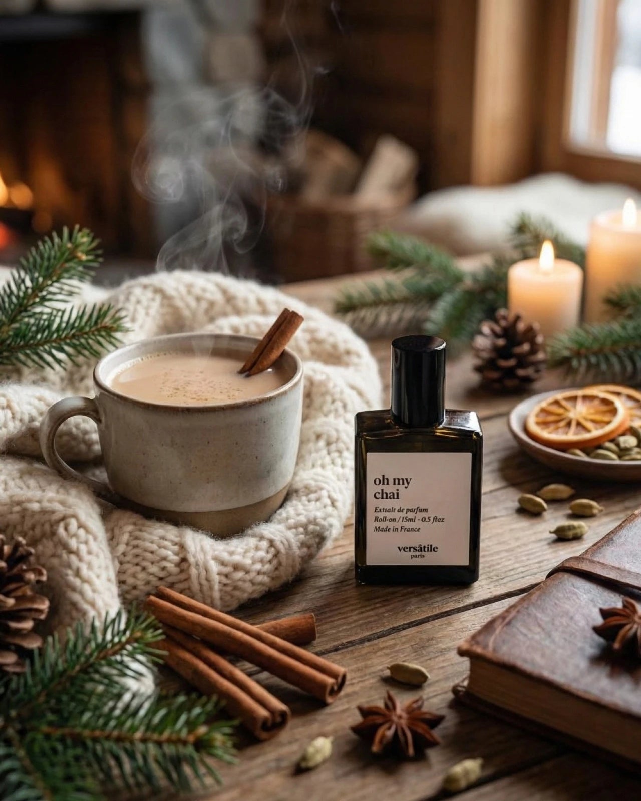 Estratto di profumo roll-on Oh My Chai di Versatile Paris, flacone 15ml speziato fumoso con note di chai, cannella, cardamomo e abete | Rivenditore Ufficiale Versatile Paris a Roma