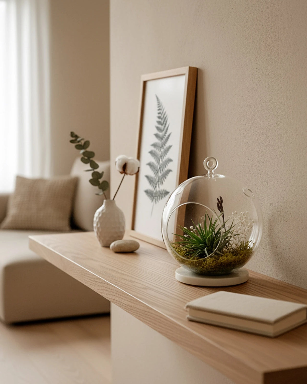 terrarium botanico con pianta aerea tillandsia ionantha e muschio stabilizzato in bowl di vetro trasparente 
