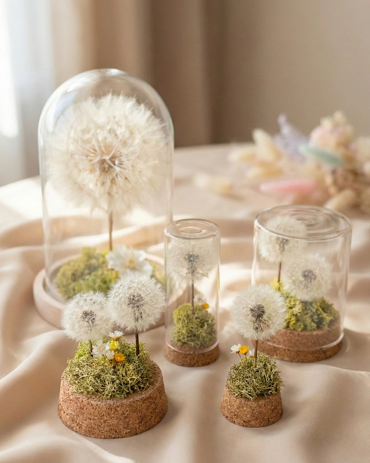 Collezione di terrarium botanici poetici eterni con soffioni veri stabilizzati, prato muschio stabilizzato e glixie in ampolle di vetro | Giardino dei Desideri - Roma 