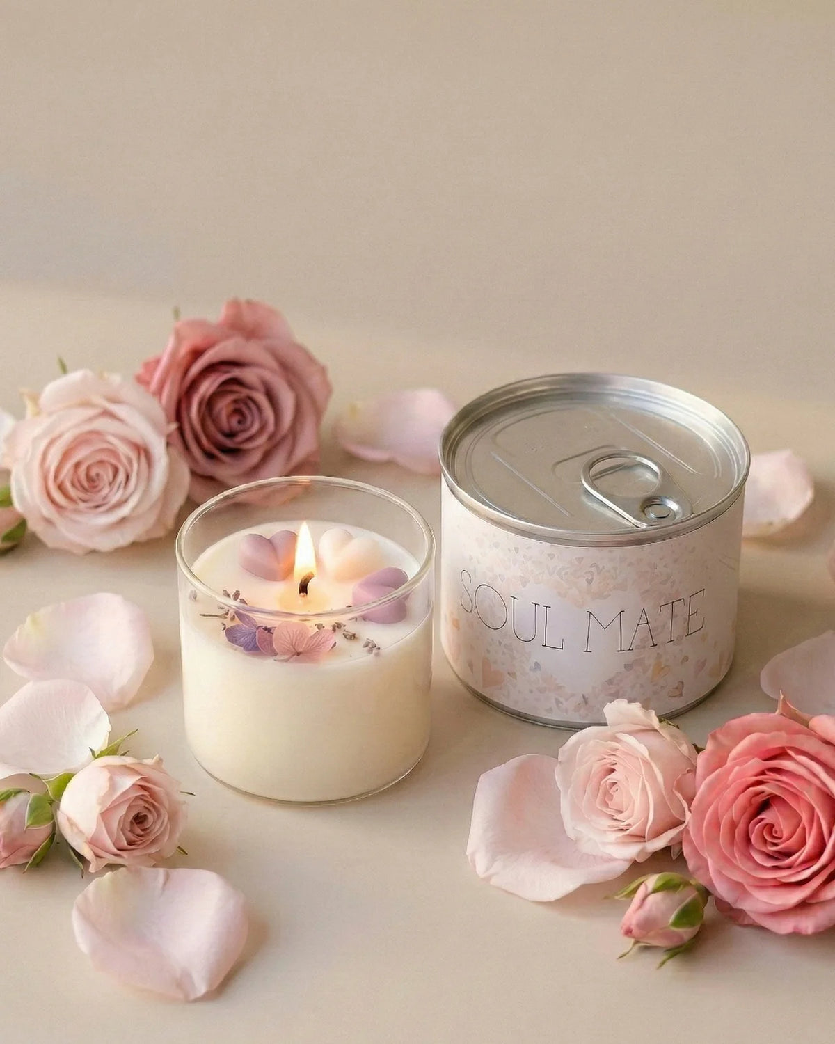 candele profumate in cera di soia con cuoricini di cera e petali di rosa stabilizzati | dedica regalo per persone speciali della vita - edizione anima gemella
