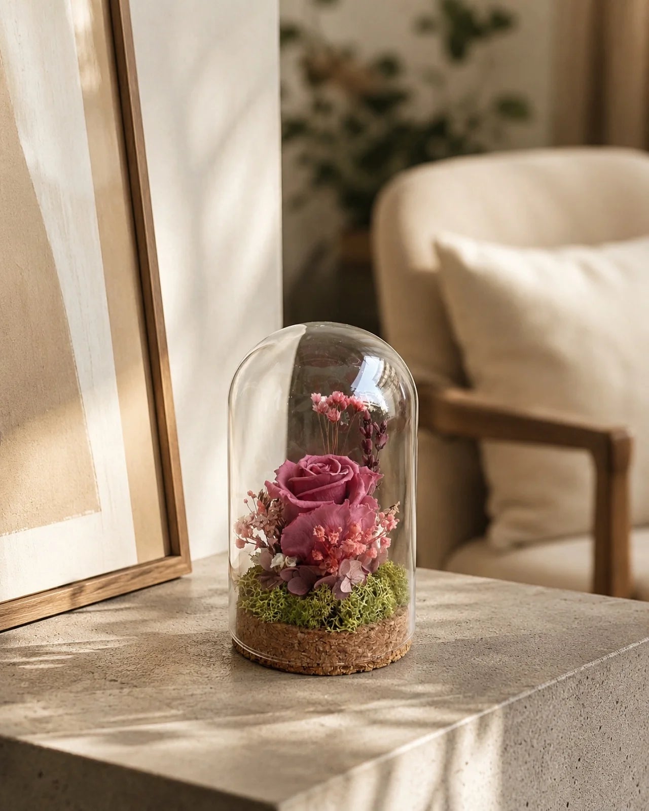 composizione di fiori stabilizzati e fiori secchi con rosa stabilizzata in campana di vetro e base di sughero arredo japandi
