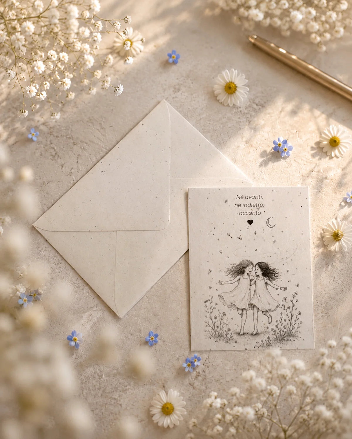 bigliettino auguri con illustrazione disegno poetico bianco e nero su carta artigianale arricchita con semi di fiori di campo ( margherite, papavero e non-ti-scordar-di-me ) con bustina | Per amicizia: nè avanti, nè indietro, accanto