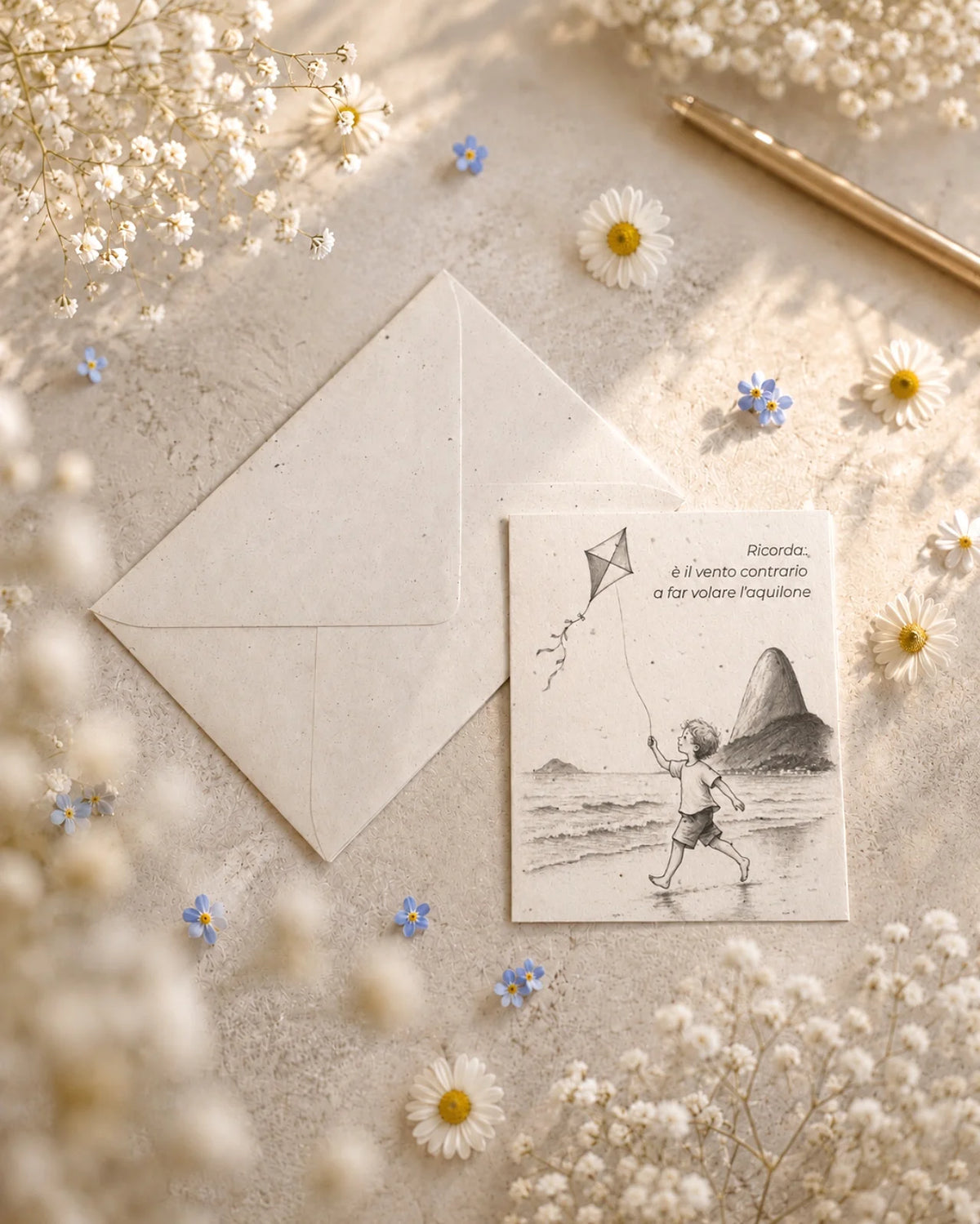 bigliettino auguri con illustrazione disegno poetico bianco e nero su carta artigianale arricchita con semi di fiori di campo ( margherite, papavero e non-ti-scordar-di-me ) con bustina | Per motivazione: ricorda ... è il vento contrario a far volare l'aquilone