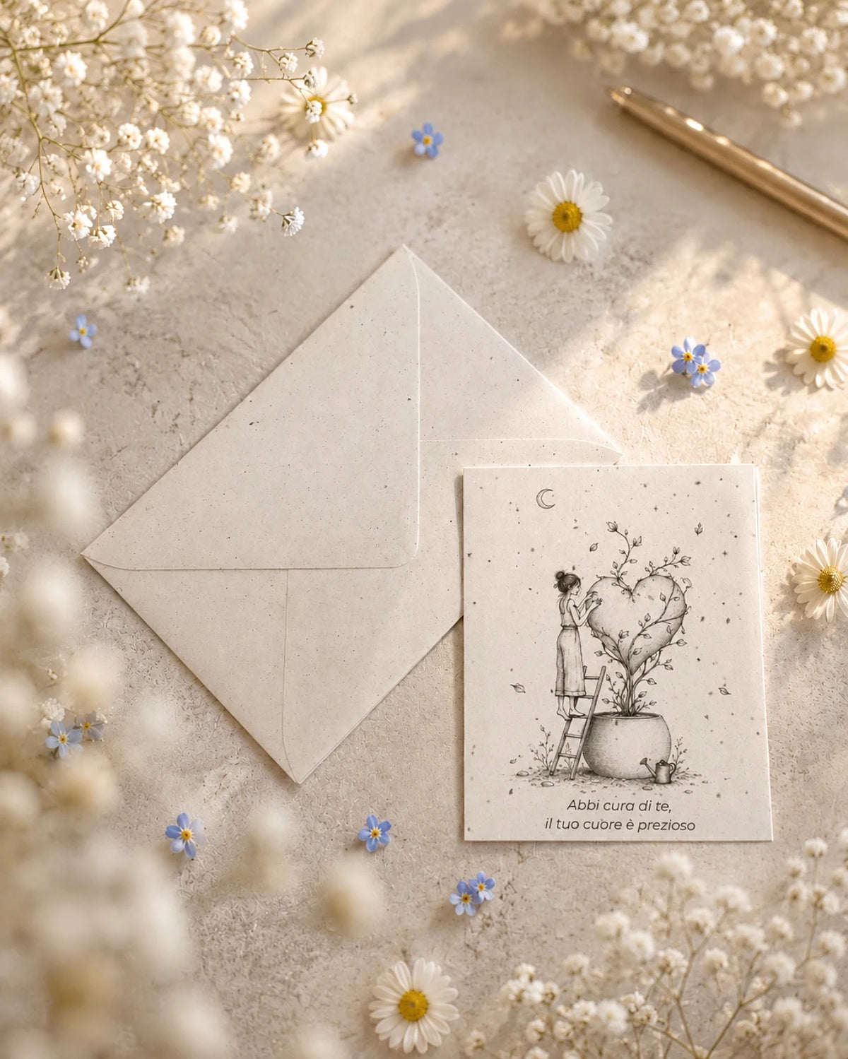 bigliettino auguri con illustrazione disegno poetico bianco e nero su carta artigianale arricchita con semi di fiori di campo ( margherite, papavero e non-ti-scordar-di-me ) con bustina | Per motivazione: abbi cura di te, il tuo cuore è prezioso