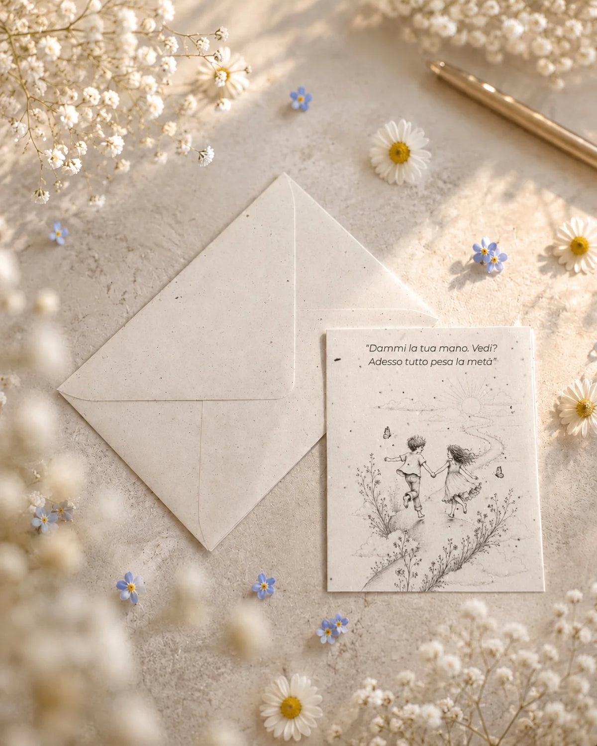 bigliettino auguri con illustrazione disegno poetico bianco e nero su carta artigianale arricchita con semi di fiori di campo ( margherite, papavero e non-ti-scordar-di-me ) con bustina | Per amore: "dammi la tua mano. Vedi? Adesso tutto pesa la metà"