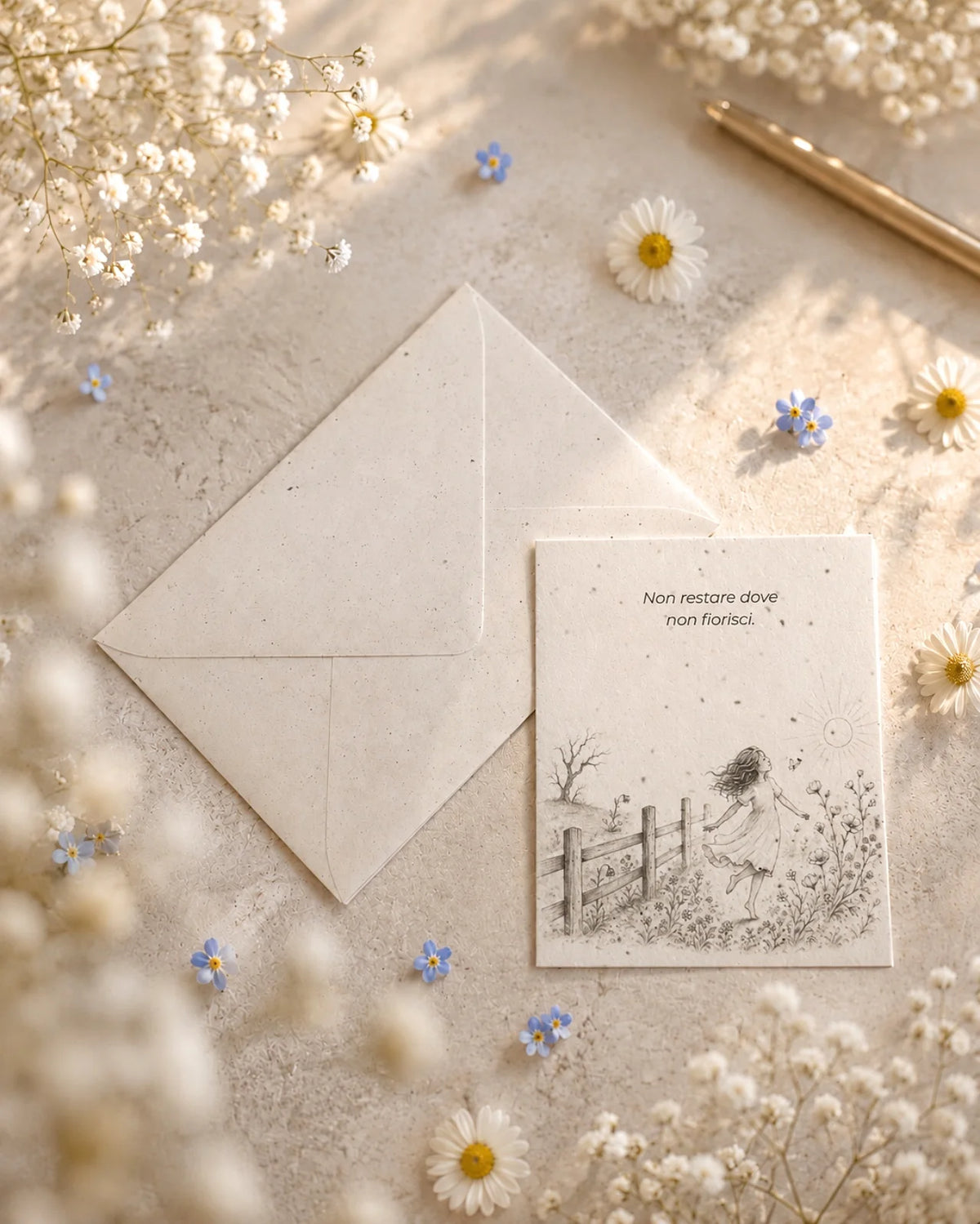 bigliettino auguri con illustrazione disegno poetico bianco e nero su carta artigianale arricchita con semi di fiori di campo ( margherite, papavero e non-ti-scordar-di-me ) con bustina | Per motivazione: non restare dove non fiorisci