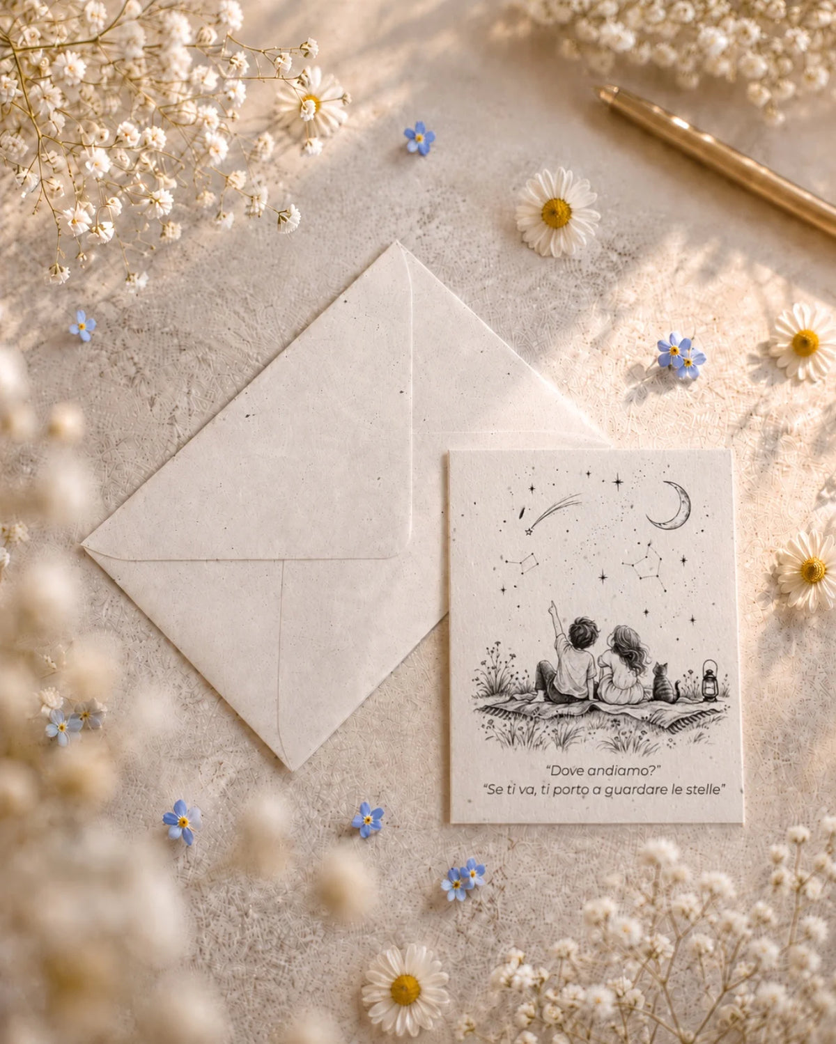 bigliettino auguri con illustrazione disegno poetico bianco e nero su carta artigianale arricchita con semi di fiori di campo ( margherite, papavero e non-ti-scordar-di-me ) con bustina | Per amore: "dove andiamo?" "se ti va, ti porto a guardare le stelle"