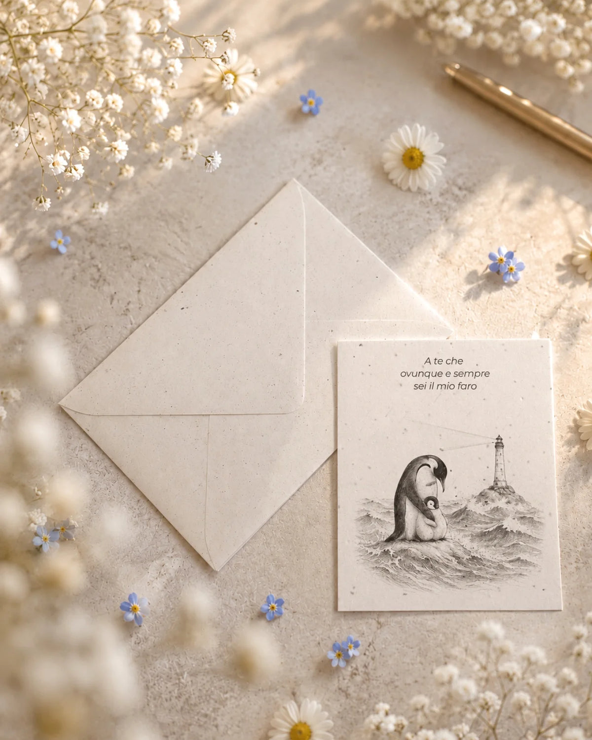 bigliettino auguri con illustrazione disegno poetico bianco e nero su carta artigianale arricchita con semi di fiori di campo ( margherite, papavero e non-ti-scordar-di-me ) con bustina | Per papà: a te che ovunque e sempre sei il mio faro
