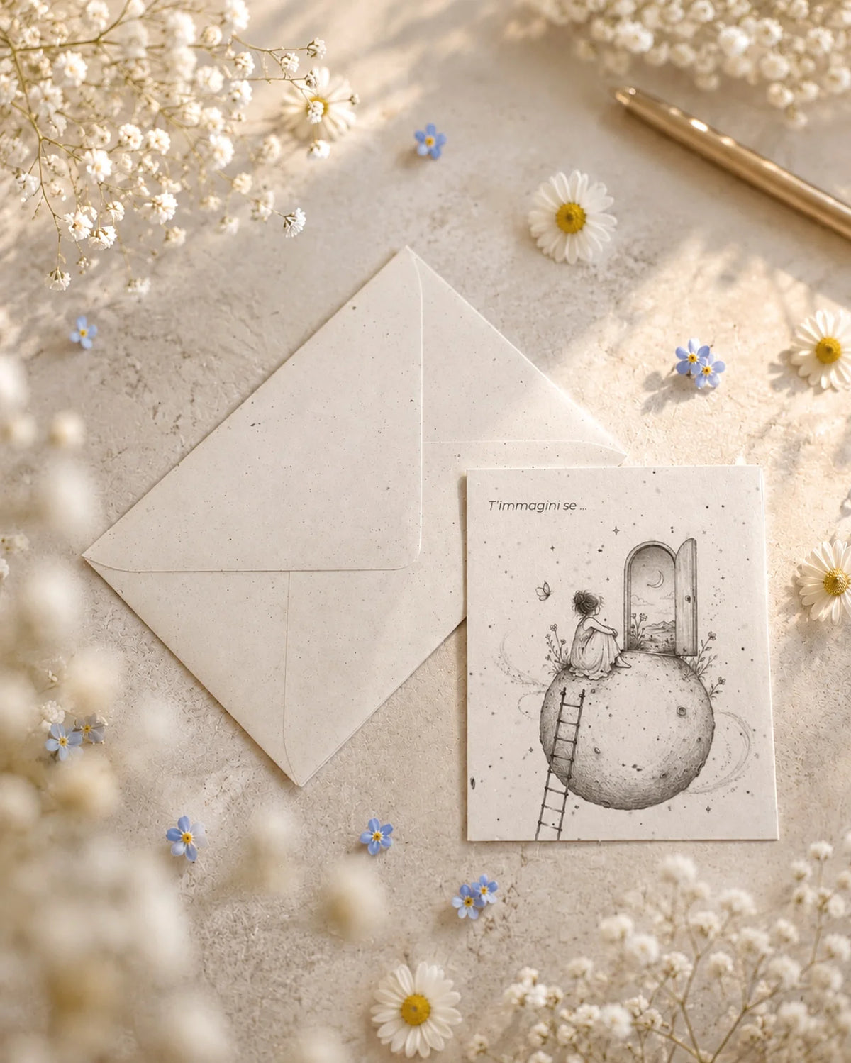 bigliettino auguri con illustrazione disegno poetico bianco e nero su carta artigianale arricchita con semi di fiori di campo ( margherite, papavero e non-ti-scordar-di-me ) con bustina | Per motivazione: t'immagini se ...