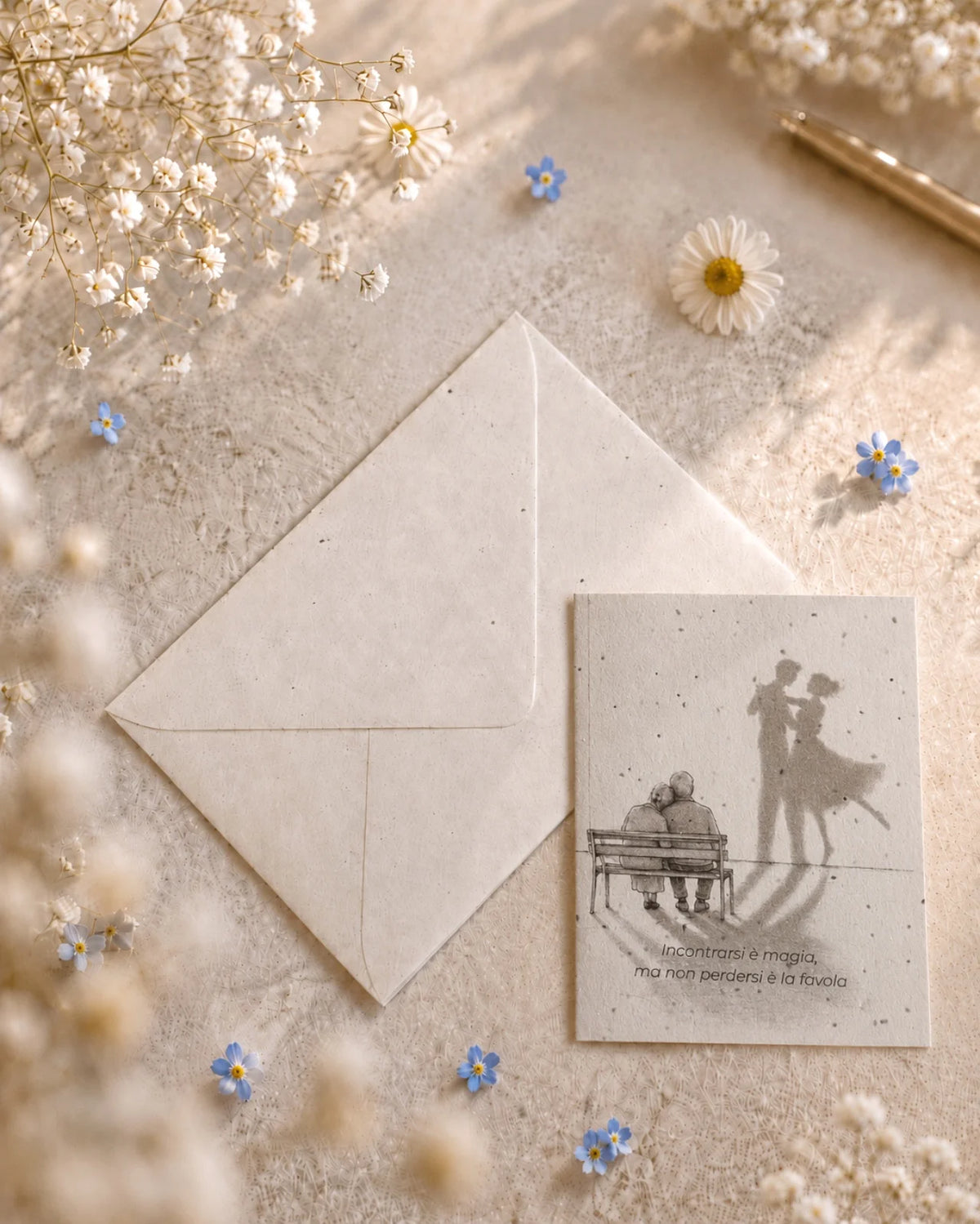 bigliettino auguri con illustrazione disegno poetico bianco e nero su carta artigianale arricchita con semi di fiori di campo ( margherite, papavero e non-ti-scordar-di-me ) con bustina | Per anniversario: incontrarsi è magia, ma non perdersi è la favola