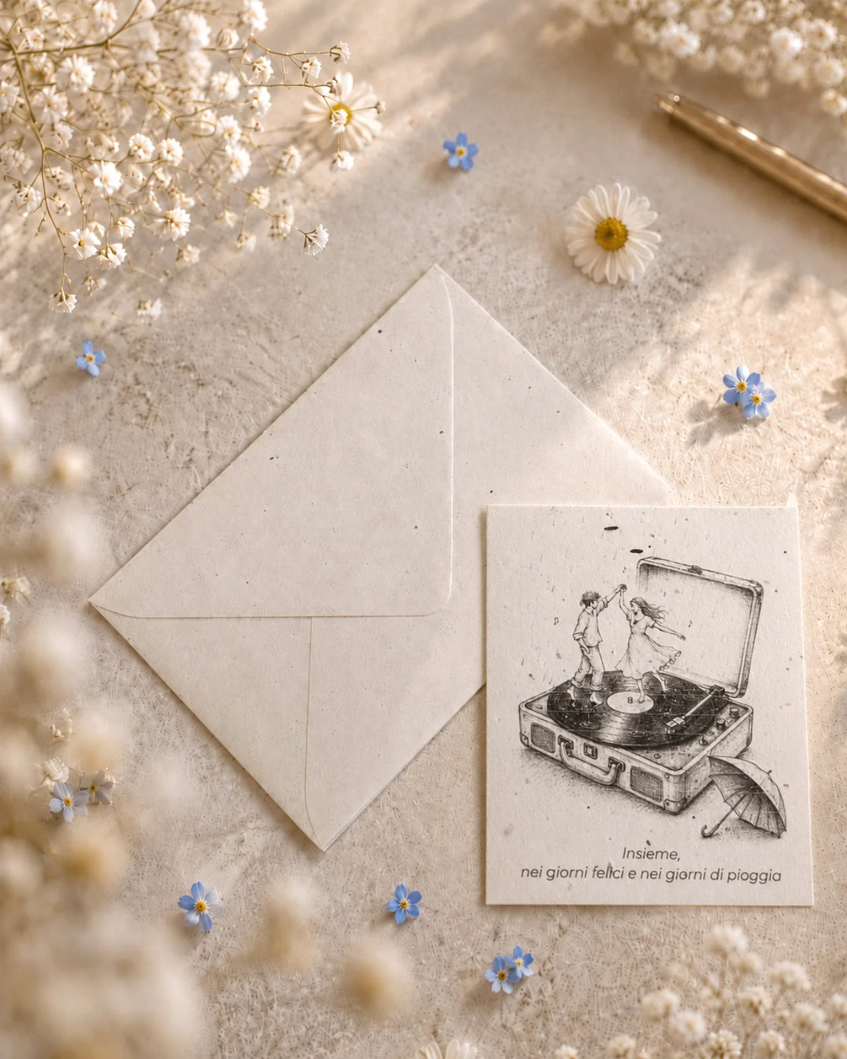 bigliettino auguri con illustrazione disegno poetico bianco e nero su carta artigianale arricchita con semi di fiori di campo ( margherite, papavero e non-ti-scordar-di-me ) con bustina | Per amore: insieme, nei giorni felici e nei giorni di pioggia 