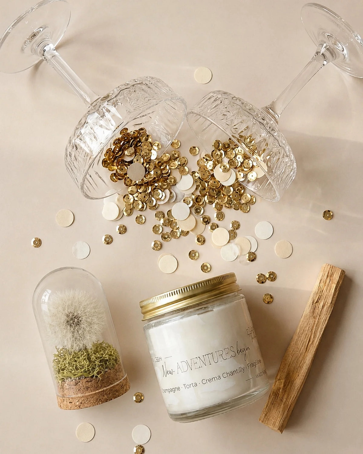 Gift box per celebrare occasioni speciali: candela profumata cera di soia, fiore dei desideri ( soffione dandelion dente di leone ) e palo santo | Inizio di nuove avventure e nuovi progetti