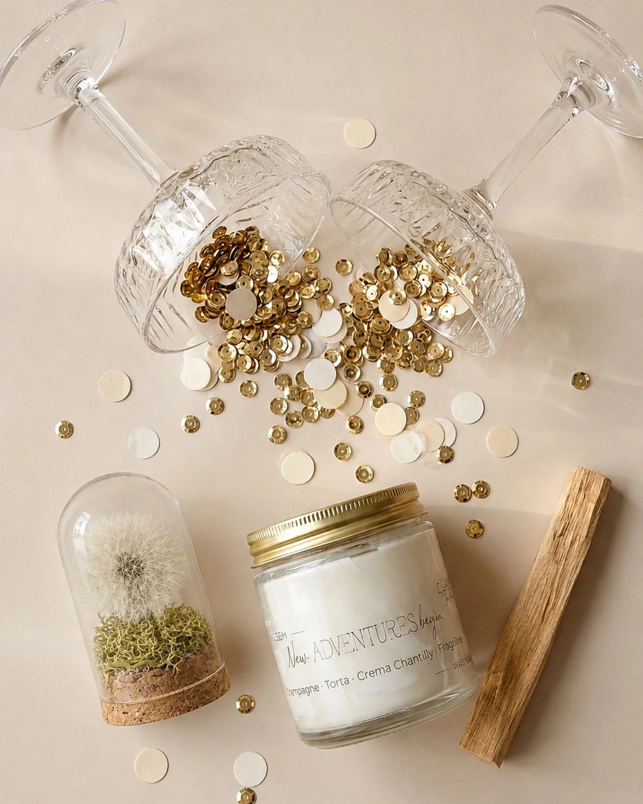 Gift box per celebrare occasioni speciali: candela profumata cera di soia, fiore dei desideri ( soffione dandelion dente di leone ) e palo santo | Inizio di nuove avventure e nuovi progetti