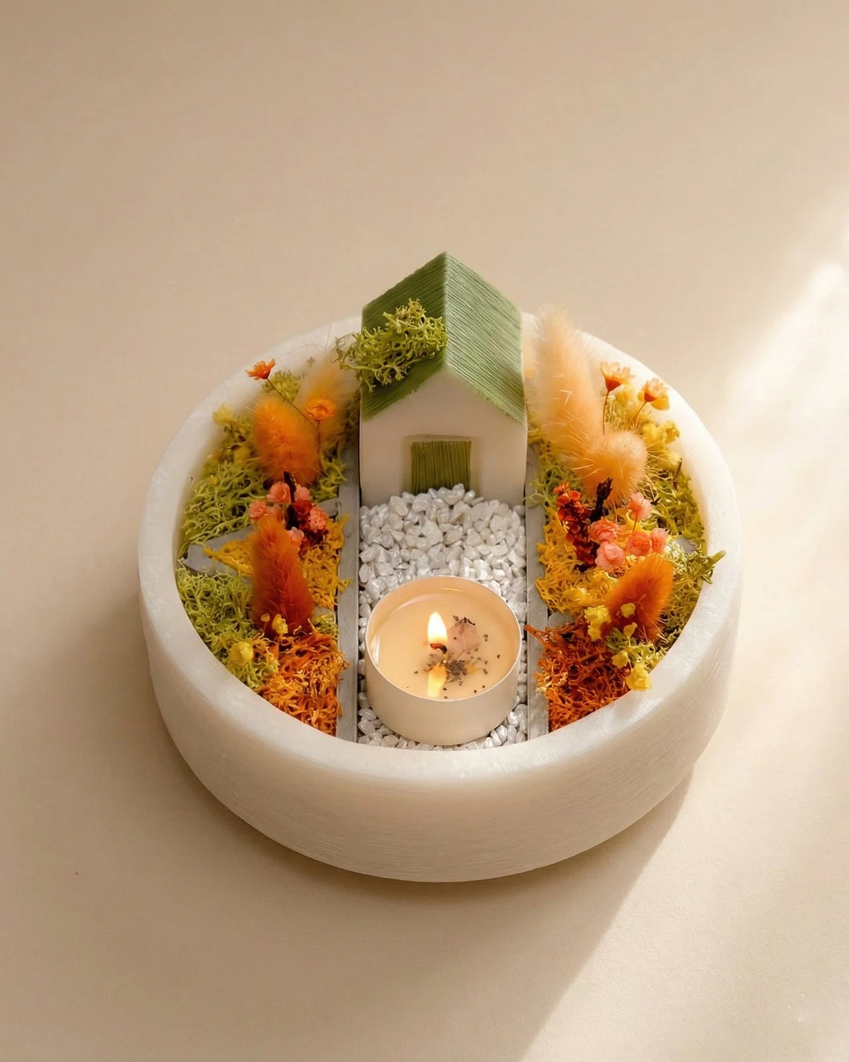 bonseki giardino zen rituale meditazione candela - vassoio tondo colore crema e arancio