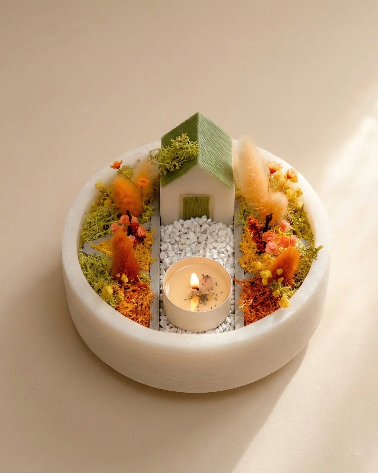 bonseki giardino zen rituale meditazione candela - vassoio tondo colore crema e arancio
