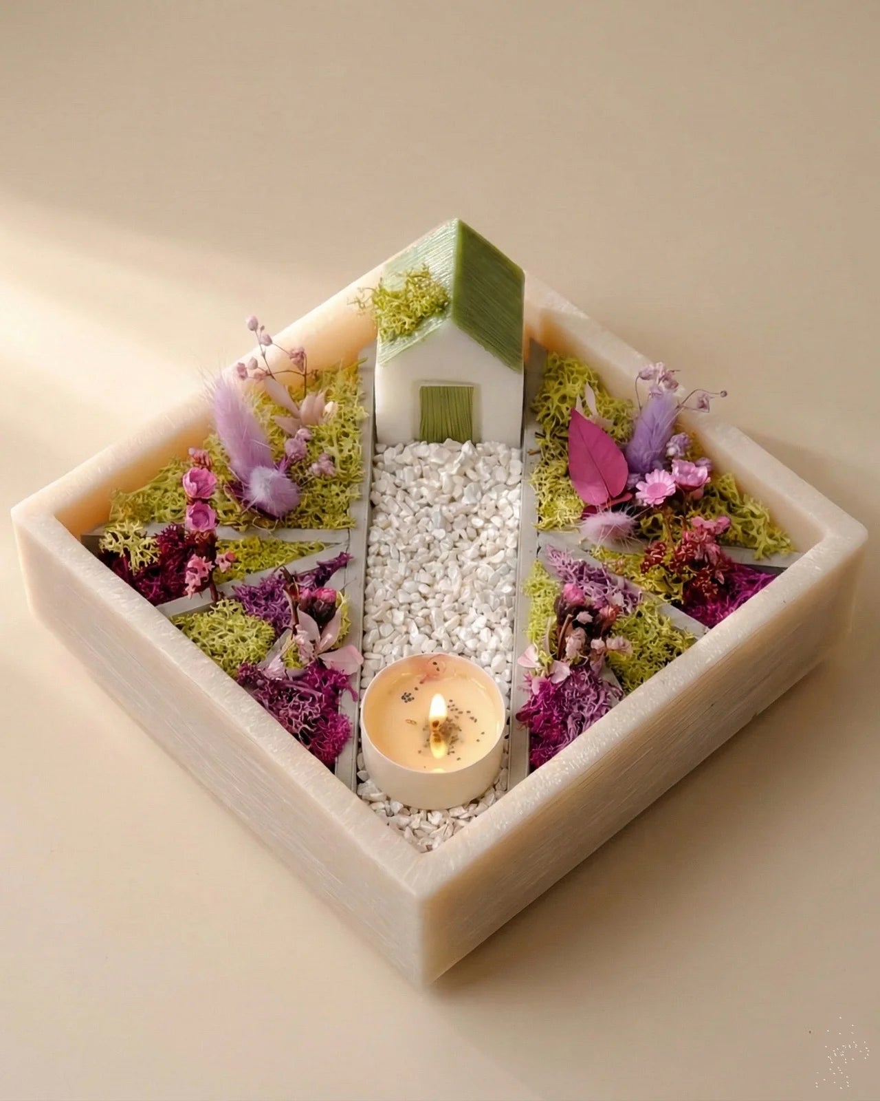 bonseki giardino zen rituale meditazione candela - vassoio quadrato colore beige e lilla
