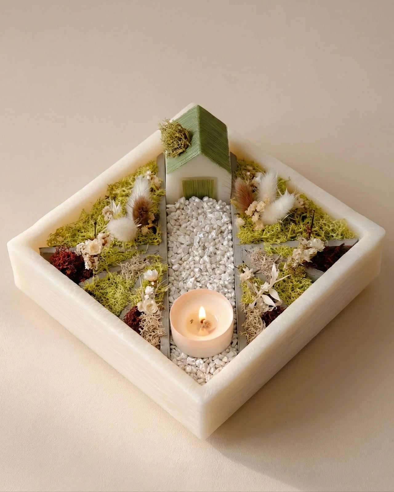 bonseki giardino zen rituale meditazione candela - vassoio quadrato colore crema