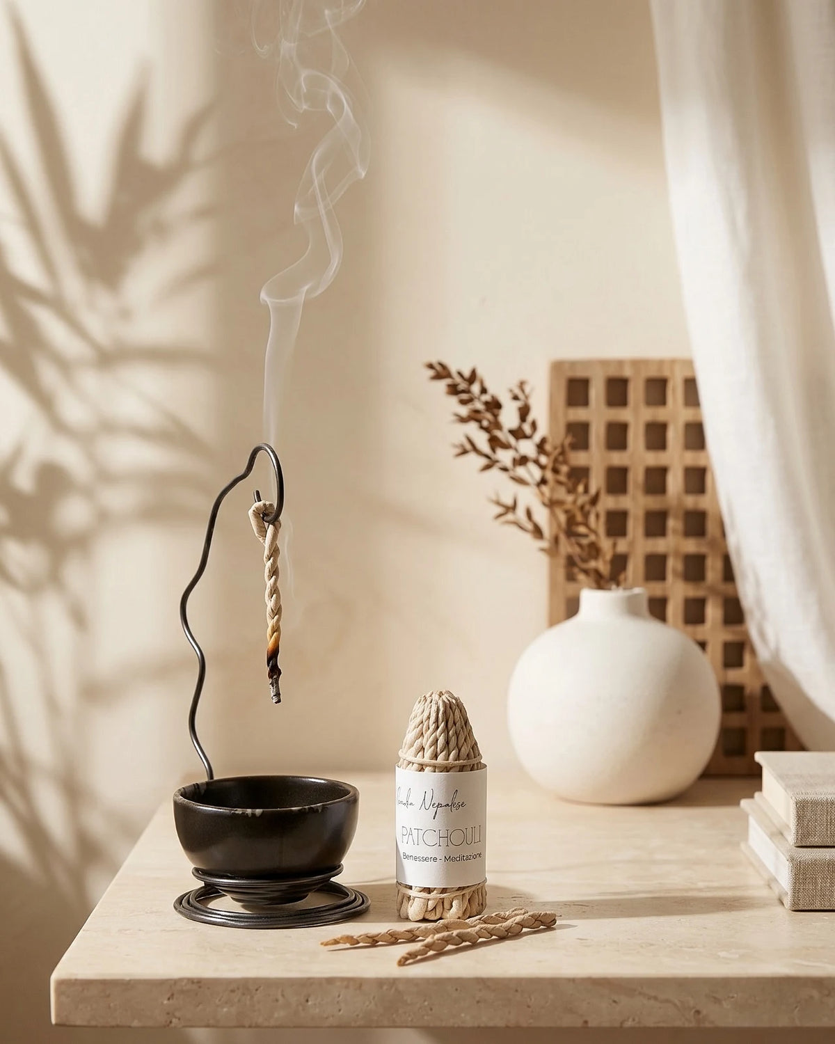 Incensiere artigianale di design in fil di ferro e porcellana per incenso naturale artigianale in corda nepalese | Io Sono La Luce - Roma