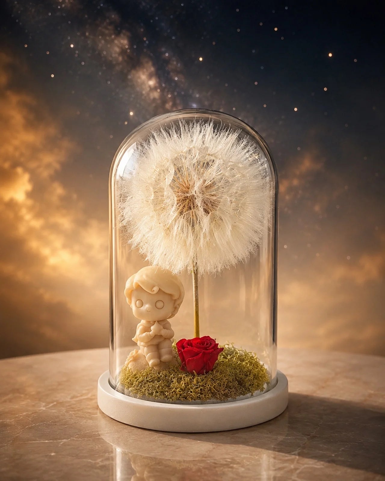 L'Essentiel — campana di vetro con miniatura del Piccolo Principe in cera profumata, rosa rossa stabilizzata, soffione Tragopogon e muschio botanico. 