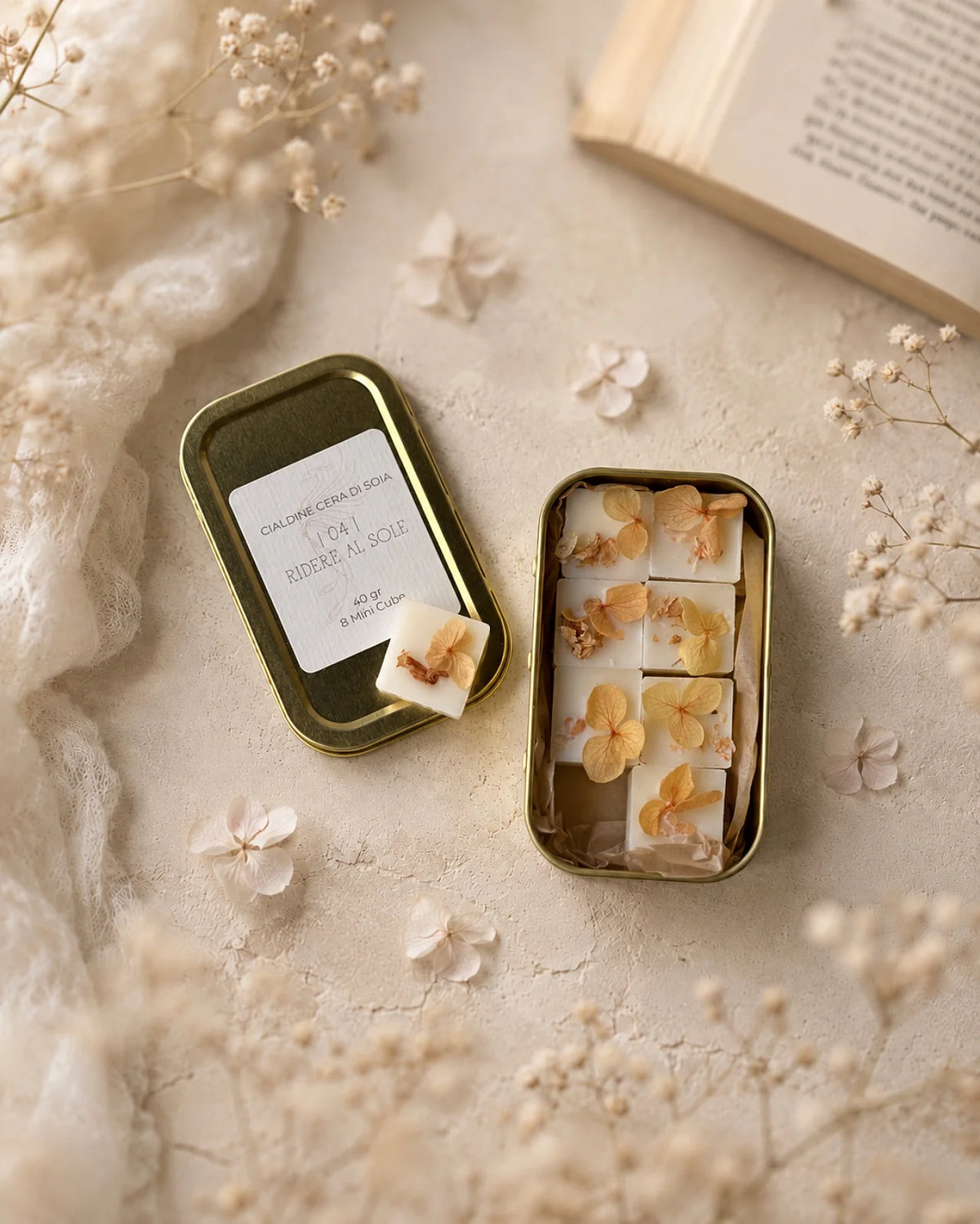 mini cialdine in cera di soia profumata | zollette tart per brucia essenze - artigianali e Made in Italy | Profumo mimosa, mandarino, sandalo e tonka