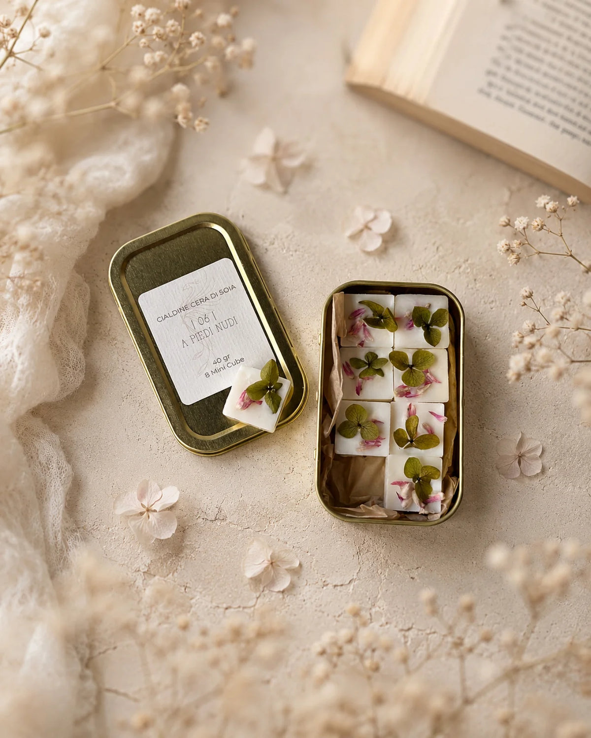 mini cialdine in cera di soia profumata | zollette tart per brucia essenze - artigianali e Made in Italy | Profumo fico, mandorla, pera e legni chiari