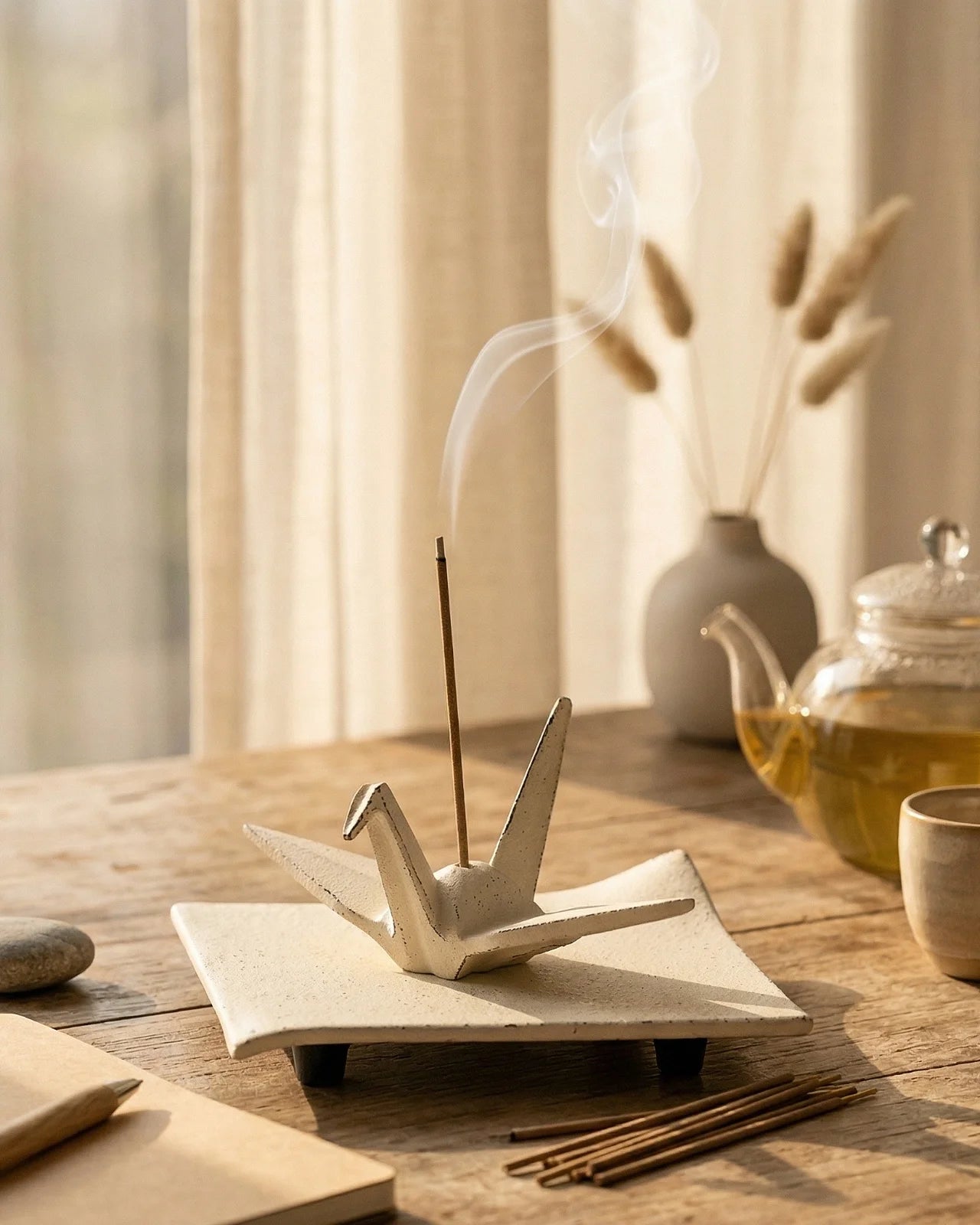 Incensiere artigianale giapponese in ghisa Nanbu Tekki — gru origami orizuru dorata firmata Iwachu
