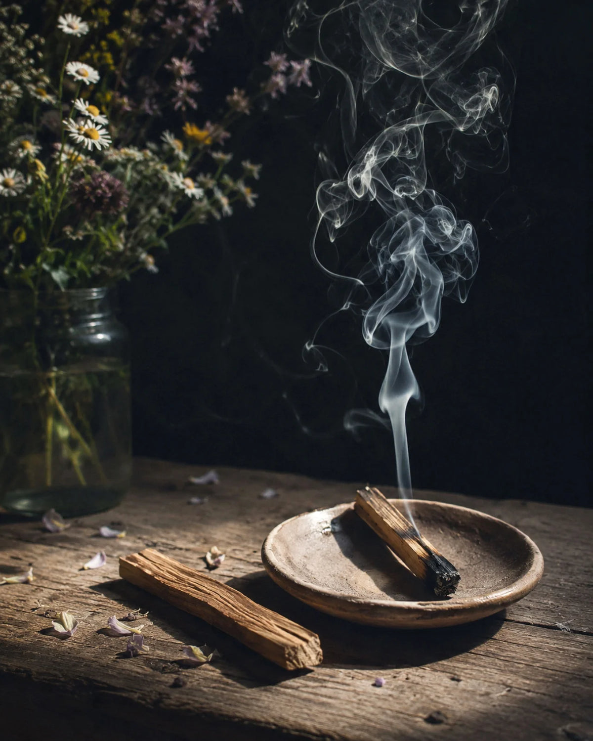Due bastoncini di Palo Santo su piattino in ceramica, uno acceso, accanto a fiori di campo