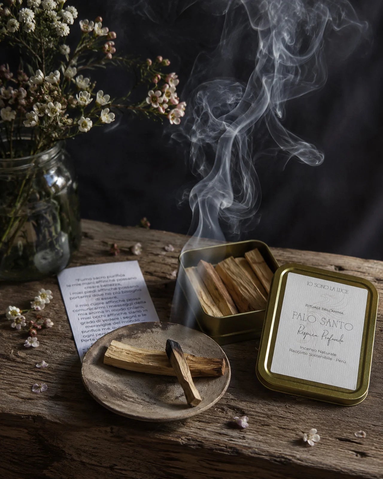 Kit regalo Palo Santo con tabacchiera dorata e sei bastoncini | Kit Palo Santo Rituale dell'Anima: tabacchiera dorata, bastoncini e cartoncino dell'invocazione