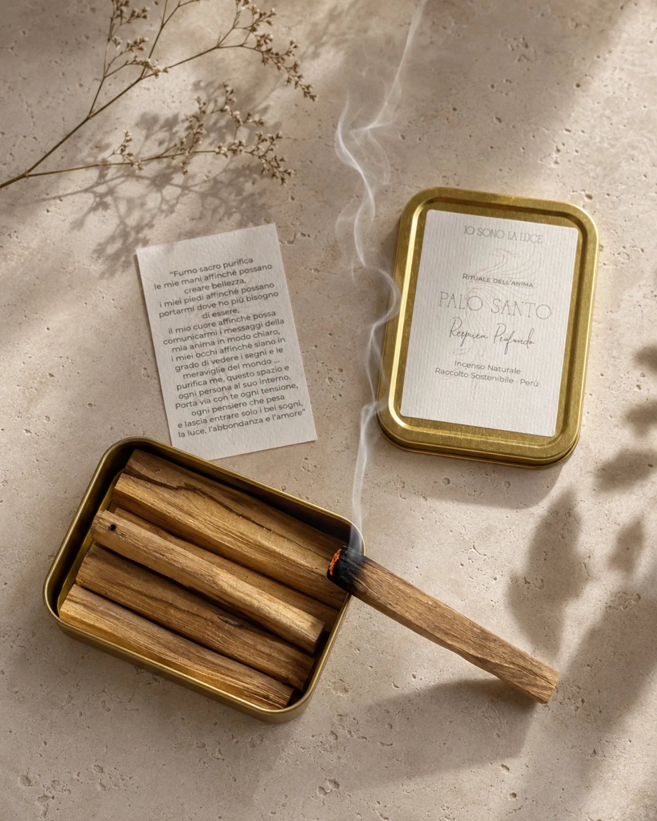 Bastoncini di Palo Santo peruviano Rituale dell'Anima: legnetto di Palo Santo naturale per fumigazione | Tabacchiera regalo con sei bastoncini di Palo Santo e cartoncino dell'invocazione del fumo