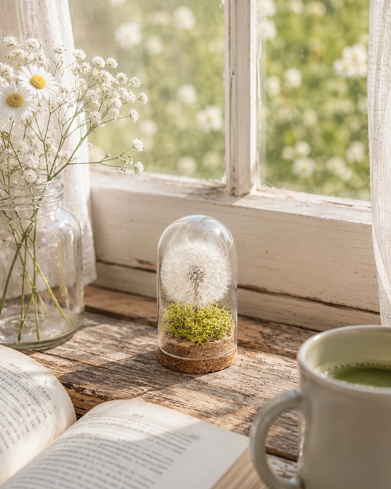 fiore dei desideri ( dandelion ), soffione preservato con prato muschio botanico, simbolo di leggerezza e desideri