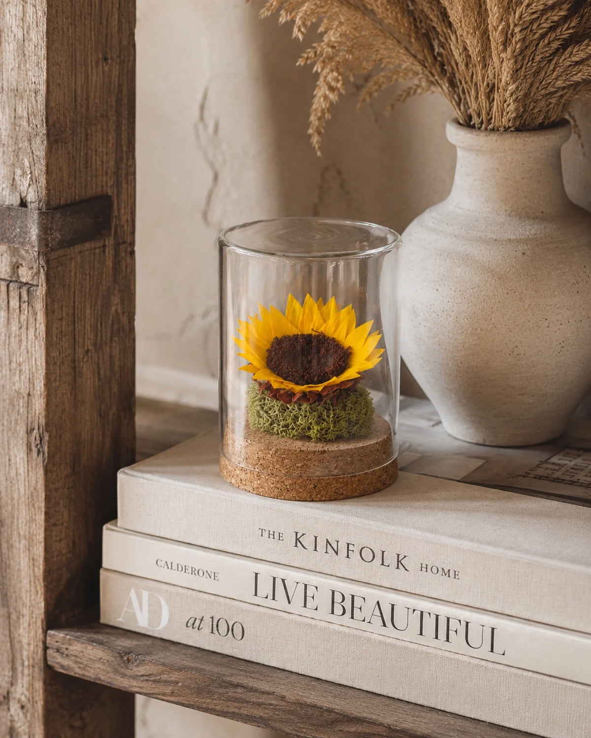 Girasole stabilizzato in vetro decorazione botanica per librerie 
