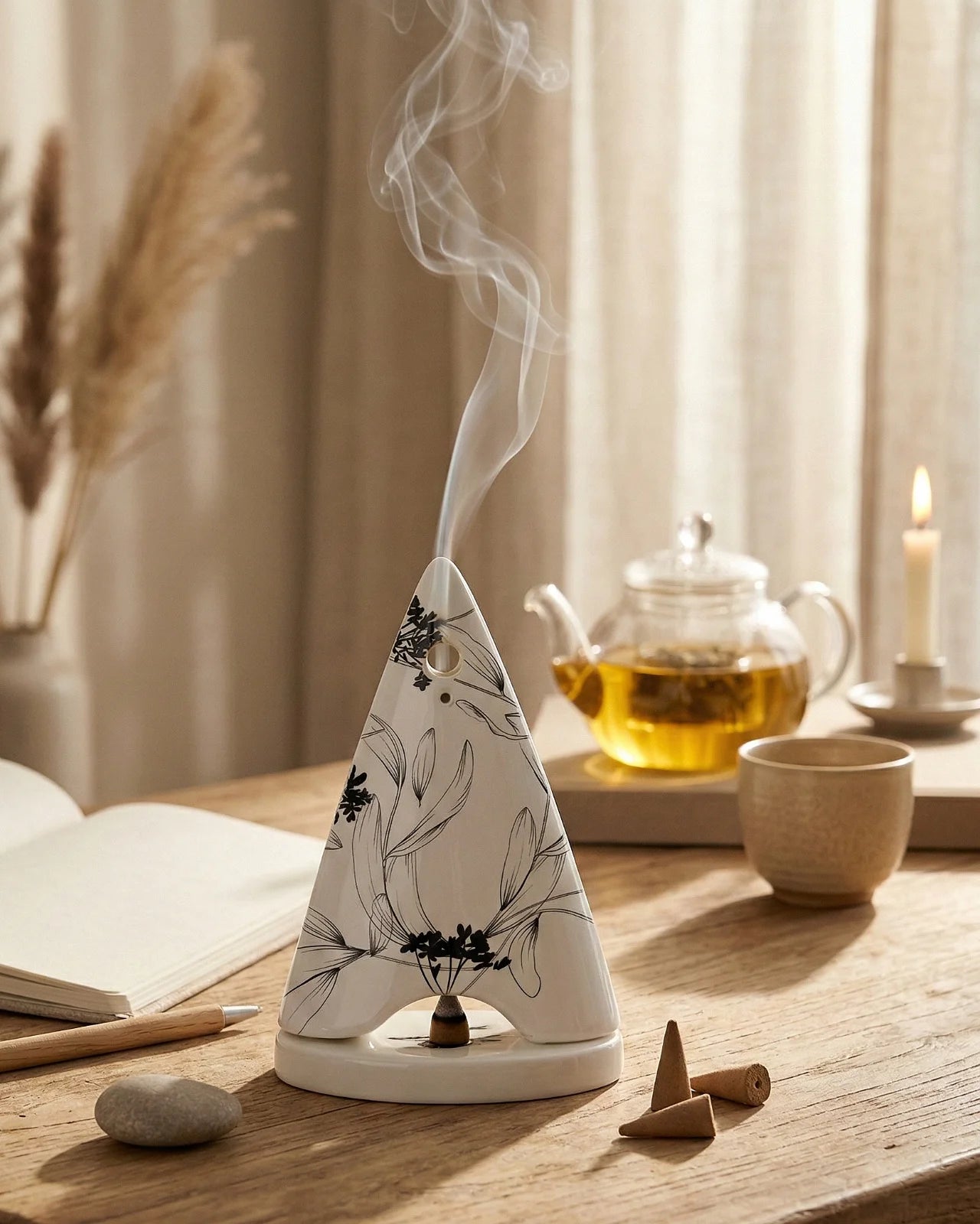 Diffusore in porcellana con motivo botanico nero su bianco, porta incenso per coni
